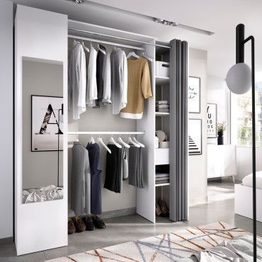 Armario vestidor con espejo y cortina blanco ambiente