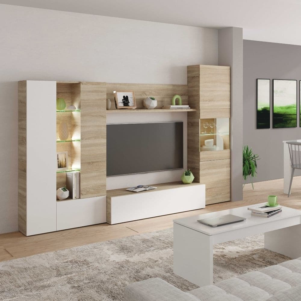 Mueble de salón con luces Led Essential Roble Canadian Blanco Brillo