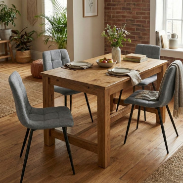 Ambiente de comedor moderno decorado con el pack de 4 sillas Lisboa tapizadas en chenilla gris claro y patas negras