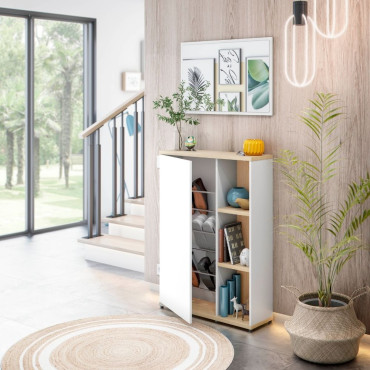 Mueble zapatero serie Velvet para recibidor en blanco y roble con puerta abierta mostrando estantes interiores y diseño moderno.