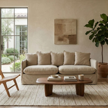 Sofá de 3 plazas Beige Tejido-Madera 216 X 94 X 93 cm