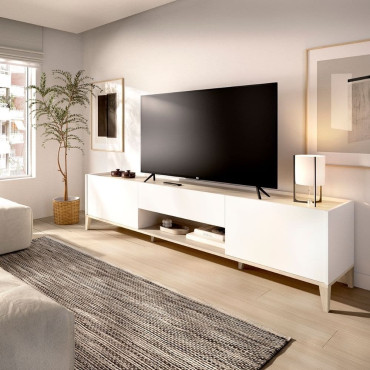 Mueble TV BARI - Blanco - Natural 155 x 50,1 x 39,2 cm