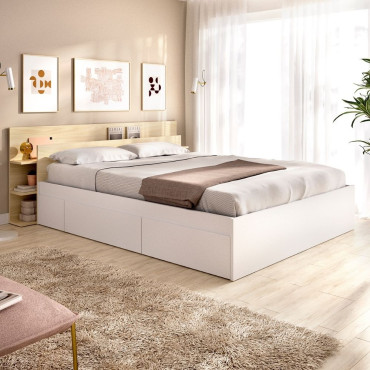 Cama con 4 cajones y cabezal - Pack Tori - Blanco - Roble Claro 181 x 73 x 216 cm