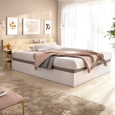 Cama con Canapé y Cabezal - Pack Tori - Blanco y Roble Claro 181 x 73 x 213 cm