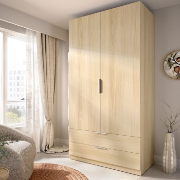 Armario 2 Puertas Batientes y 2 Cajones Emax - Blanco y Roble Claro 91 x 203,5 x 51,4 cm