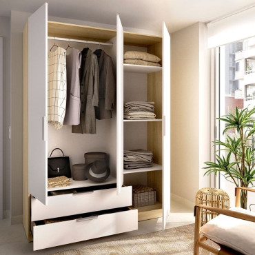 Armario 3 Puertas Batientes y 2 Cajones Emax - Blanco y Roble Claro 136,6 x 203,5 x 51,4 cm