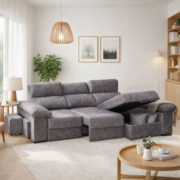 Sofá Chaise Longue convertible en cama Roma Marengo, con Arcón y Puffs