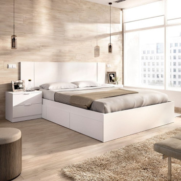 Pack dormitorio Len - Cama 4 cajones cabezal y mesitas - Blanco 251 x 96 x 196,4 cm