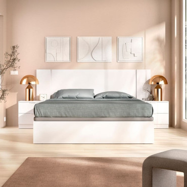 Pack dormitorio Len - Cama con canapé cabezal y mesitas - Blanco 251 x 96 x 196,4 cm