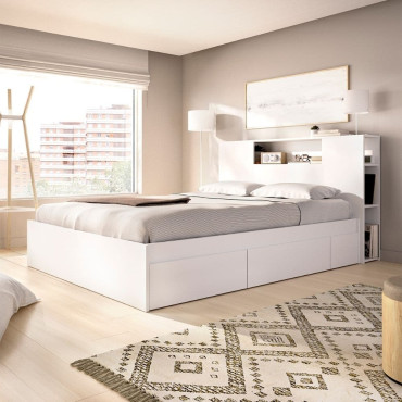Cama con 4 cajones y cabezal - Pack Ten - Blanco - Natural 157,2 x 96 x 219,8 cm