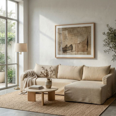 SOFÁ CHAISE LONGUE BEIGE TEJIDO SALÓN 249 X 160 X 73 CM
