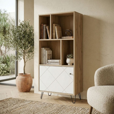 Estantería con 1 puerta Bilbao Roble Artisan - Blanco 63,4 x 135 x 40 cm