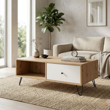 Mesa de centro con cajón Bilbao Roble Artisán - Blanco 110 x 37 x 60 cm