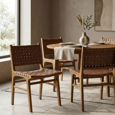 SILLA MARRÓN MADERA TECA-PIEL SALÓN 50 X 56 X 87 CM