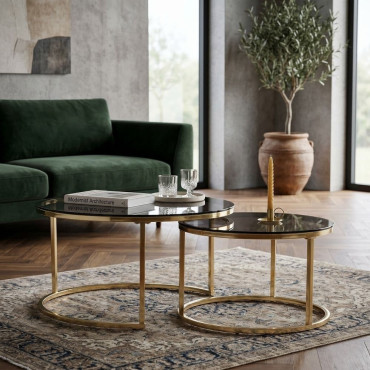Set de 2 mesa de centro redondas de cristal Henar Negro - Dorado 80 - 60 x 42 - 38 x 80 - 60 cm