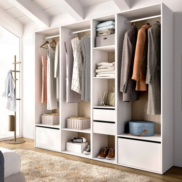 Armario Vestidor Abierto 4 Columnas Trasera Reversible - Suit - Blanco y Natural 218 x 204,5 x 45 cm