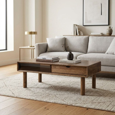 MESA CENTRO MARRÓN MADERA-CRISTAL 120 X 60 X 40 CM