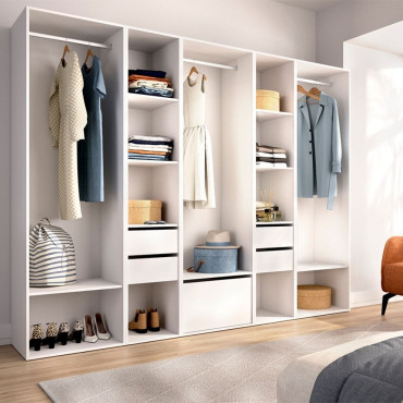 Armario Vestidor Abierto 5 Columnas Trasera Reversible - Suit - Blanco y Natural 256 x 204,5 x 45 cm