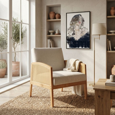 Butaca con brazos de madera y Ratán Siena tapizado tela Beige - Roble 65 x 85,5 x 81 cm