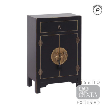 Mesita de noche con 1 cajón y 2 puertas Oriente, Negro - Oro