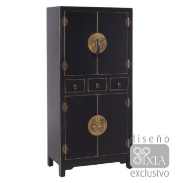 Armario de salón auxiliar 4 puertas y 3 cajones Oriente, Negro - Oro