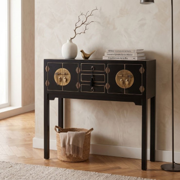 Consola de 4 puertas y 3 cajones Negro - 95 x 90 x 26 cm