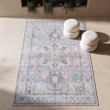 Alfombra impresa estilo sello de estilo retro malva y azul empolvado 160 x 1 x 230 cm