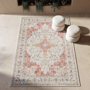 Alfombra impresa estilo sello persa coral y marfil 160 x 1 x 230 cm