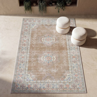 Alfombra impresa étnica con doble medallón camel y celeste 160 x 1 x 230 cm