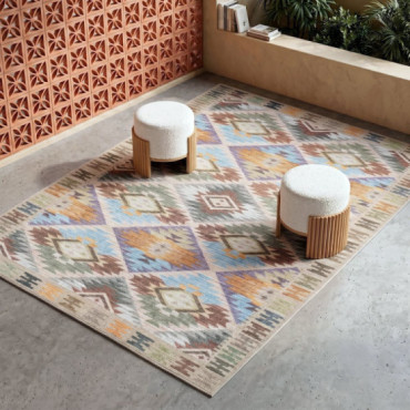 Alfombra kilim étnica impresa azul y mostaza 160 x 1 x 230 cm