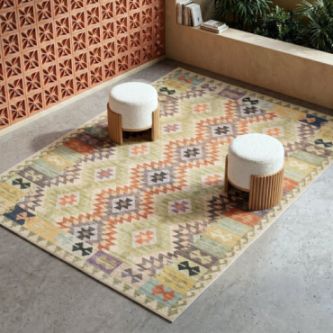 Alfombra kilim étnica impresa verde y naranja 160 x 1 x 230 cm