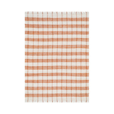 Alfombra tejida a rayas cuadros vichy terracota y blanco con flecos 160 x 1 x 230 cm