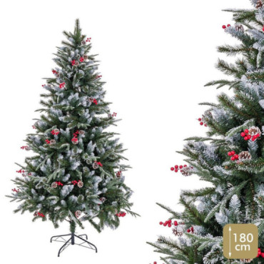Árbol de navidad artificial nevado con piñas y acebo de 690 ramas Ø110 x 180 cm