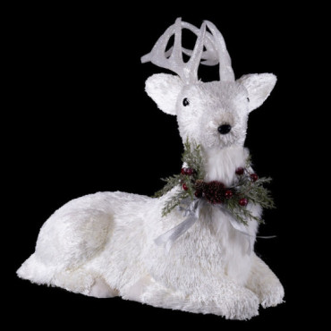 Figura de ciervo tumbado nevado en polyfoam blanco 60 x 63 x 37 cm