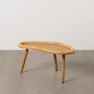 Mesa de centro arriñonada en ratán natural con patas cilíndricas 77 x 37 x 41 cm