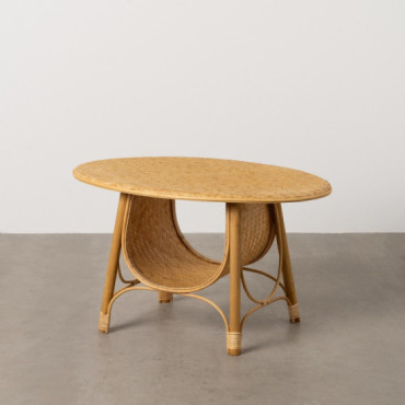 Mesa de centro ovalada con revistero de bambú y ratán 81 x 47,5 x 51 cm
