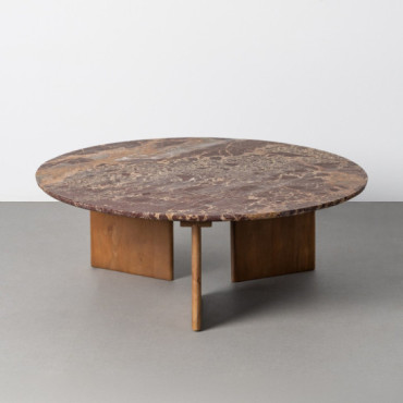 Mesa de centro redonda fija de piedra burdeos y madera de mango 35 cm