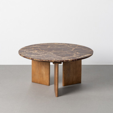 Mesa de centro redonda fija de piedra burdeos y madera de mango 40 cm