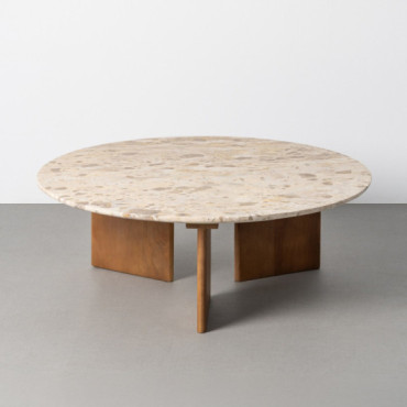 Mesa de centro redonda fija de piedra fósil y madera de mango 35 cm