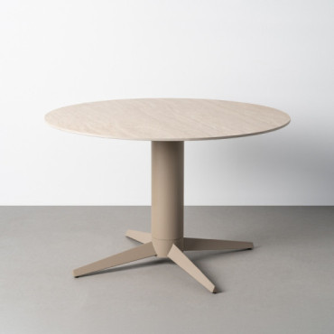 Mesa de comedor redonda cerámica efecto travertino beige y pie aspa crema 75 cm