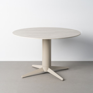 Mesa de comedor redonda cerámica efecto travertino gris y pie aspa gris 75 cm