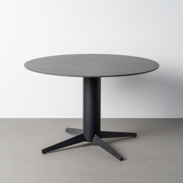 Mesa de comedor redonda cerámica efecto travertino negro y pie aspa negro 75 cm