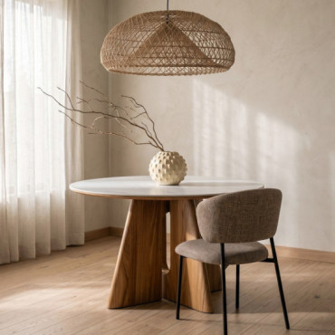 Mesa de comedor redonda con sobre cerámico blanco y base en madera contrachapada Ø120 x 75 cm