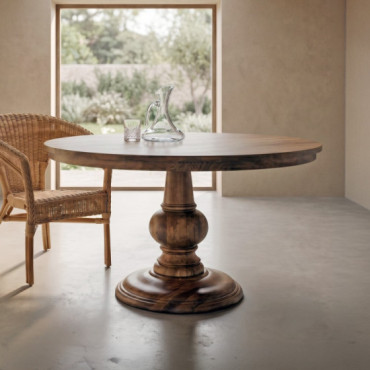Mesa de comedor redonda gran formato en madera maciza de mango marrón 77 cm