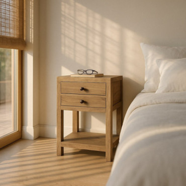 Mesita de noche de madera de mindi natural con 2 cajones y balda 45 x 66 x 30 cm