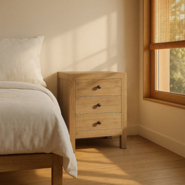 Mesita de noche de madera de mindi natural con 3 cajones 43 x 55 x 34 cm