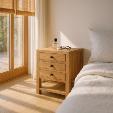 Mesita de noche de madera de mindi natural con 3 cajones y balda 45 x 55 x 35 cm