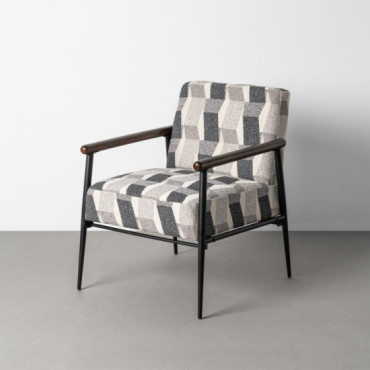 Sillón butaca tapizada geométrica gris y madera vista 64,5 x 81 x 76 cm