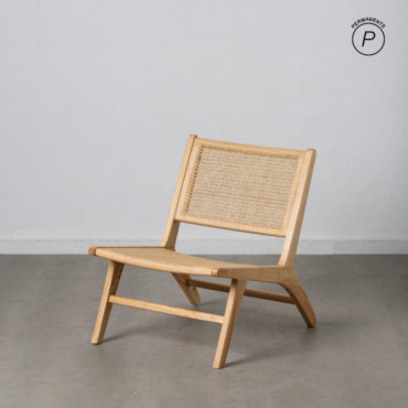 Sillón de salón tapizado en tejido beige y madera tallada 60,5 x 72,5 x 73,5 cm
