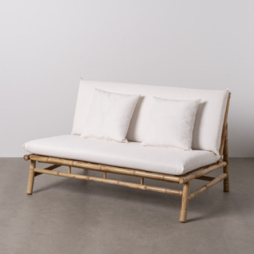Sofá 2 plazas en caña de bambú natural con cojines desenfundables blancos 135 x 81 x 86 cm